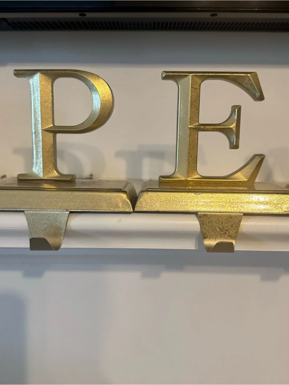 Vintage Gold Metal PEACE Christmas Stocking Holders Mantel Hooks Set of 5 Heavy